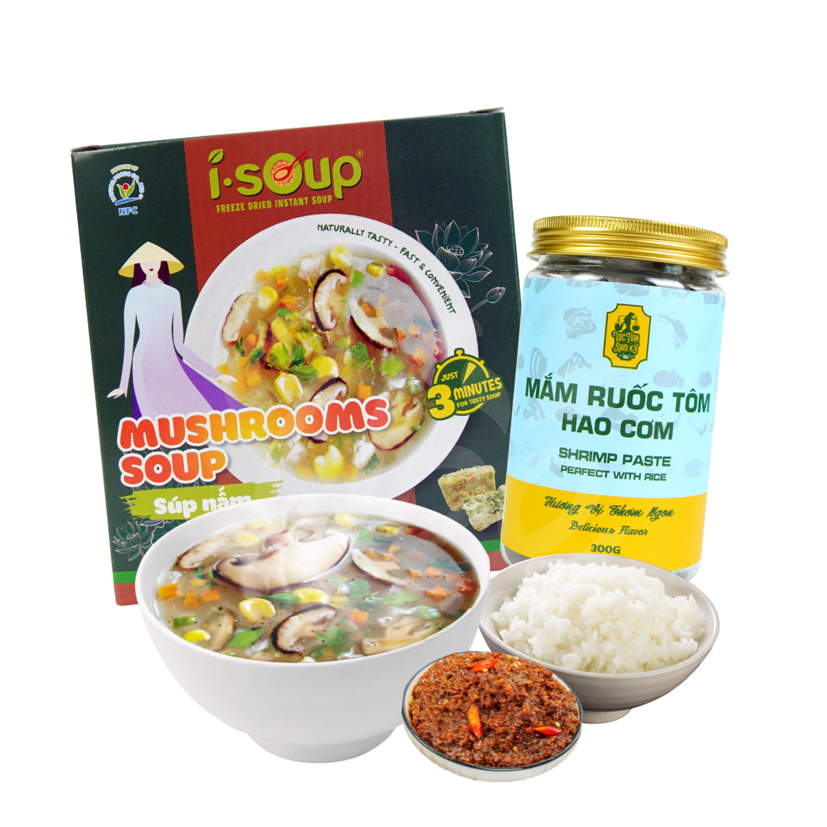 Combo Mắm Ruốc Tôm Hao Cơm Lục Tỉnh Nam Kỳ 300g & Canh Súp Nấm ISOUP 50g