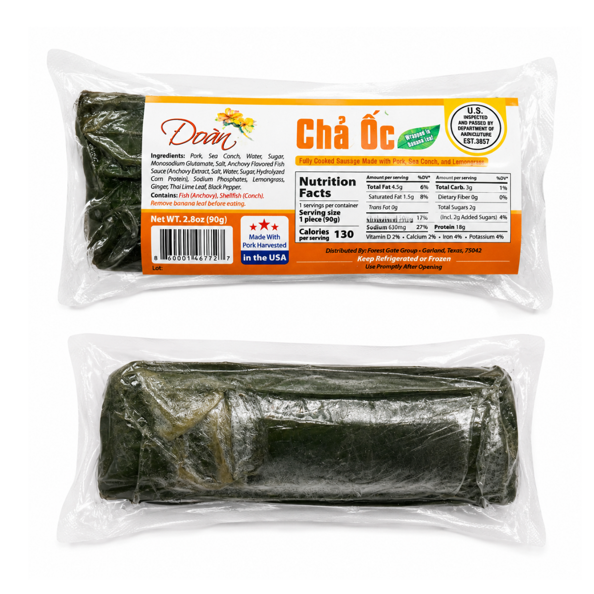 [ĐOÀN] Fully Cooked Sausage with Pork, Sea Conch and Lemongrass 90g/ Chả Ốc
